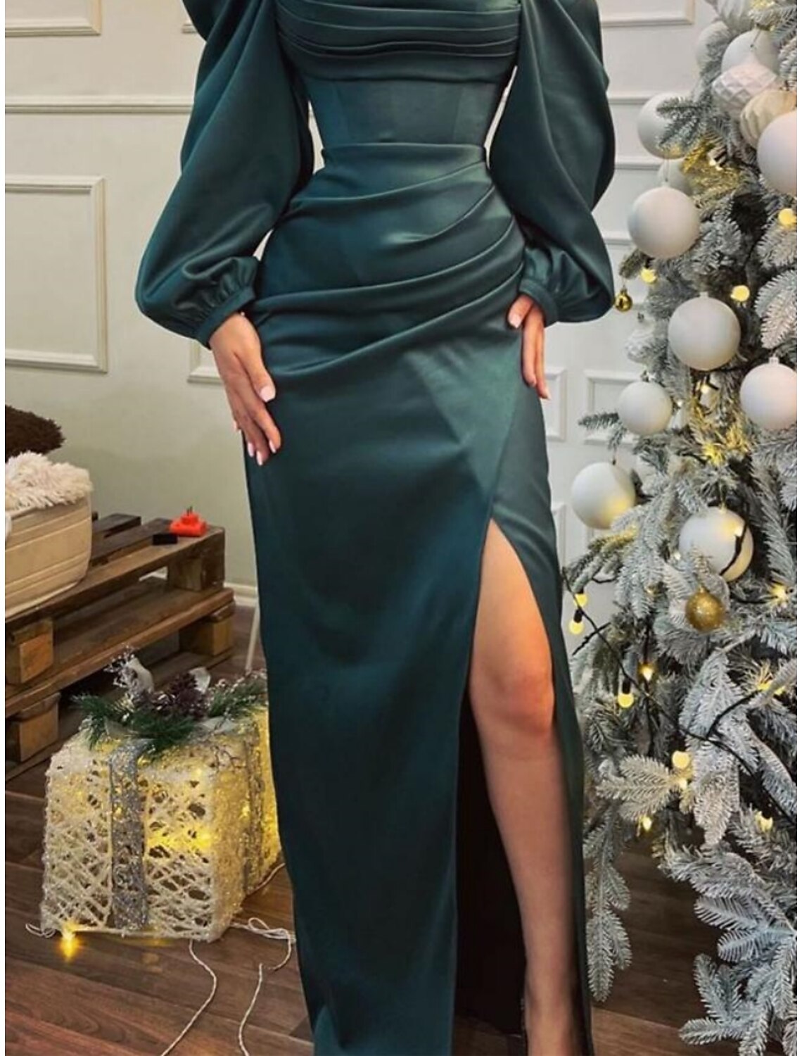 Sheath / Column Green Christmas Satin Evening Gown Elegant Dress Formal Sweep / Brush Train Long Sleeve Off Shoulder with Ruched Sequin Slit 2025